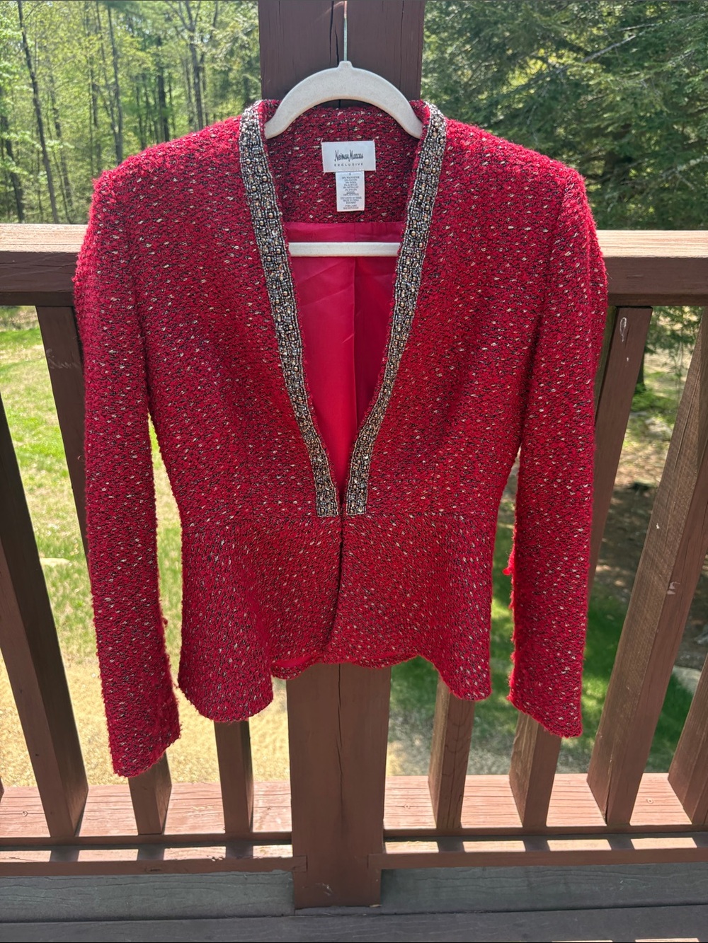 Neiman Marcus Red and gold Tweed Blazer with Metallic beaded Trim